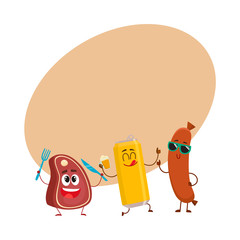 Wall Mural - Happy beer can, meat steak and frankfurter sausage characters having party, cartoon vector illustration with space for text. Funny smiling beer can, steak and sausage characters celebrating