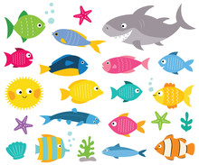 Cartoon Fishes Set, Isolated Design Elements