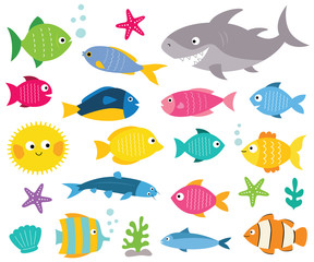 cartoon fishes set, isolated design elements