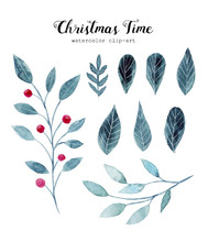 Watercolor Illustrations With Christmas Leaves And Flowers. Hand Drawn Christmas Elements