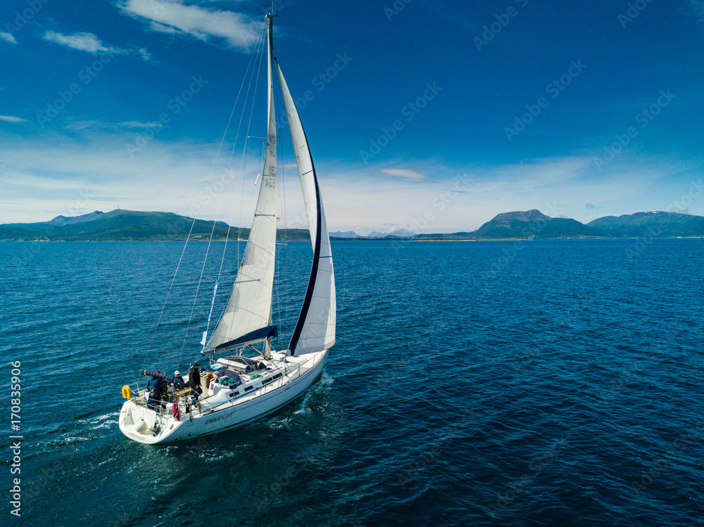 Aerial view of sailing yacht in Norway - obrazy, fototapety, plakaty 