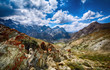 Landscape of beautiful rocky Fan mountains and Kulikalon lakes in Tajikistan