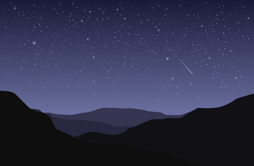 Wall Mural - vector landscape with black silhouette of land and starry blue and violet sky