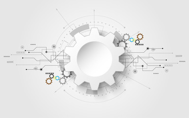 Wall Mural - 3d white paper gear wheel grey white abstract technology background with various technology elements