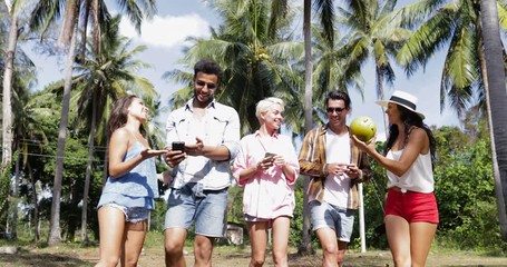 Sticker - People Group Talking Use Cell Smart Phones Walking Outdoors Under Palm Trees, Happy Smiling Mix Race Man And Woman Communication Slow Motion 60