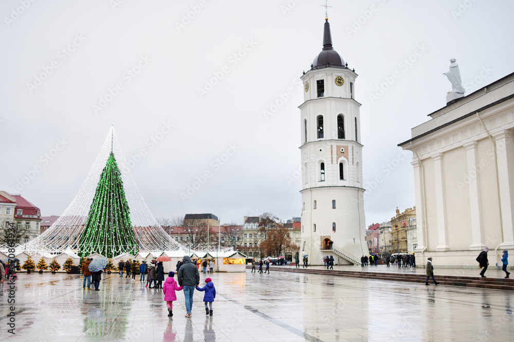 Obraz na płótnie Night view of the Christmas tree in Vilnius, Lithuania. Celebrating Xmas holidays in Baltic states. w salonie