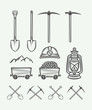 Set of retro mining or construction design elements in vintage style. Monochrome Graphic Art. Vector Illustration.