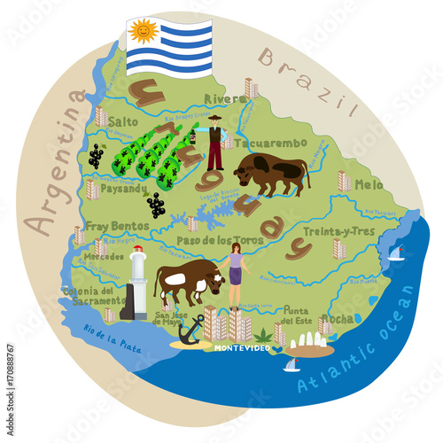 Plakat Urugwaj. Ilustracja kreskówka wektor mapy Urugwaju z architektury doodle, atrakcje, symbole punkt orientacyjny. Ilustracja wektorowa ze wszystkimi głównymi symbolami kraju.