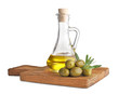 Wooden board and pitcher with olive oil on white background