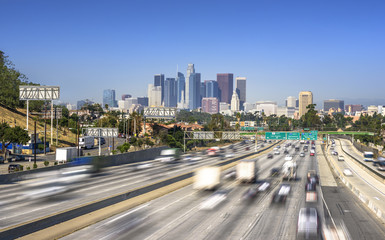 Los Angeles City Freeway Traffic At Sunny Day