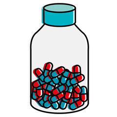 Sticker - capsules drugs in bottle vector illustration design