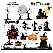 Happy Halloween Background With Pumpkin, Haunted House And Full Moon. Invitation Template For Halloween Party. Vector Illustration