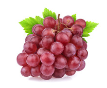 Red Grape With Leaves Isolated On White Background. Studio Shot