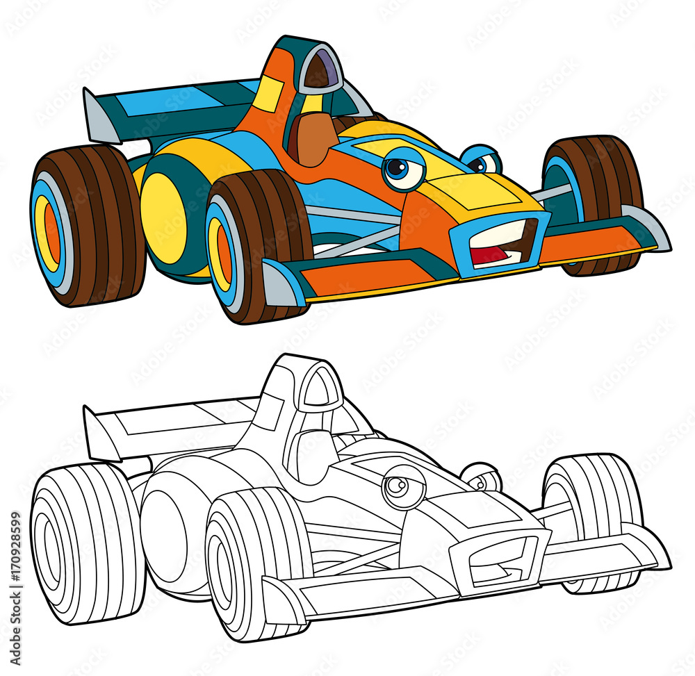 cartoon scene with coloring page - isolated racing car - illustration ...
