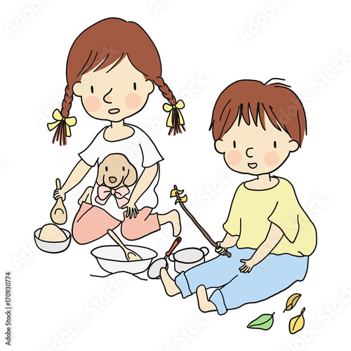 Vector Illustration Of Little Kids Boy And Girl Playing With