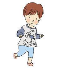 Vector Illustration Of Little Kid Skipping .Family Concept - Playtime. Cartoon Character Drawing Style. Isolated On White Background.