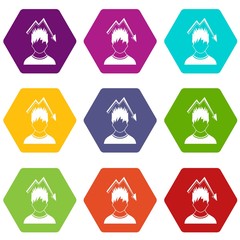 Poster - Man with falling red graph over head icon set color hexahedron