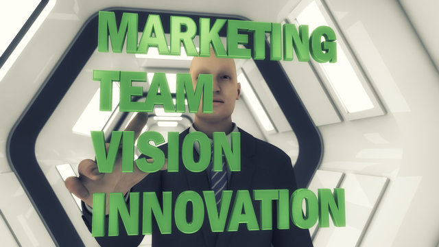 3d rendering. 3d businessman and the word marketing on a futuristic background