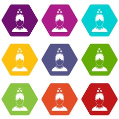 Poster - Man with tablets over head icon set color hexahedron