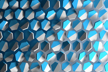 Wall Mural - Abstract background with white and blue hexagonal shapes flying in space. Randomly arranged hexagons. 3d illustration. 