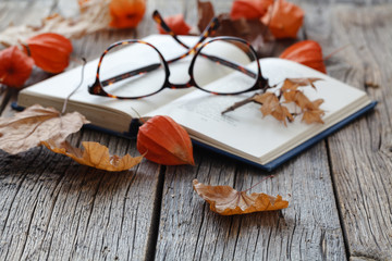 Canvas Print - Relax seasoning education. Fall leaf and book on wooden table