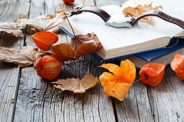 Canvas Print - Relax seasoning education. Fall leaf and book on wooden table