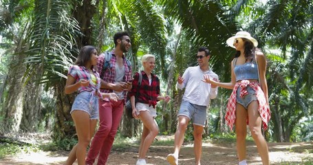 Wall Mural - People Group With Backpacks Talking Trekking On Forest Path, Young Men And Woman On Hike Tropical Palm Tree Park Tourists Slow Motion 60