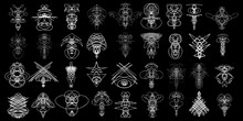 Voodoo Spirits Symmetrical Symbols Set. Abstract Geometric Hand Drawn Spiritual Black Magic Craft Insignia Voodoo Deity. Occultism, Sacred Geometry Magic Alien. Vector.