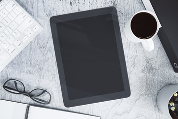 Poster - Wooden desk with empty tablet