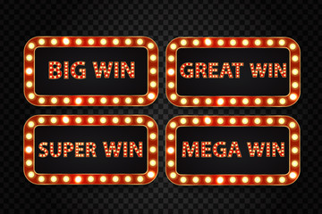 Wall Mural - Vector set of realistic isolated retro neon billboard for big wins with glowing lamps on the transparent background. Concept of slot win, casino and award ceremony.