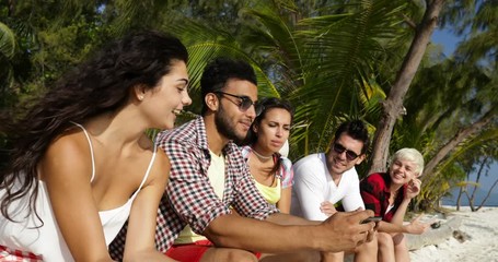 Sticker - People Group Take Selfie Photo On Cell Smart Phone Outdoors Under Palm Trees On Beach Slow Motion 60