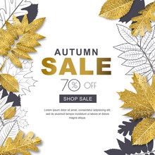 Autumn Sale Banner With 3d Style Gold And Outline Autumn Leaves. Vector Fall Poster Golden Background. Layout For Discount Labels, Flyers And Shopping.