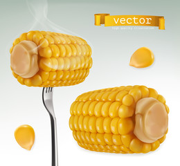 Wall Mural - Hot corn on fork. 3d vector icon