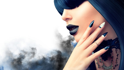 Wall Mural - Fashion Halloween model girl with trendy gothic black hairstyle, makeup and manicure