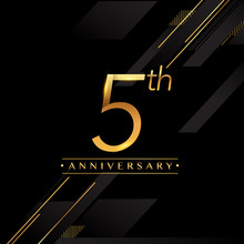 Five Years Anniversary Celebration Logotype. 5th Anniversary Logo Golden Colored Isolated On Black Background, Vector Design For Greeting Card And Invitation Card.