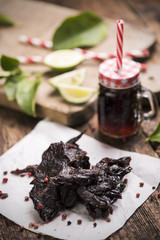 Sticker - Beef Jerky on wooden background