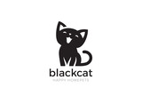 Fototapeta Koty - Black Cat sitting Logo vector. Home pet veterinary clinic icon