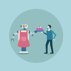 Poster - Modern Robot Giving Dish With Food To Man Icon, Futuristic Artificial Intelligence Mechanism Housekeeping Technology Flat Vector Illustration