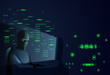 Hacker Man Behind Desktop Computer Night Attack And Data Security Concept Vector Illustration