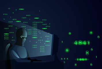 Poster - hacker man behind desktop computer night attack and data security concept vector illustration