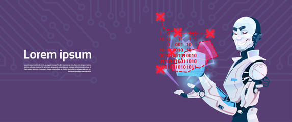 Poster - Modern Robot Coding, Futuristic Artificial Intelligence Mechanism Technology Flat Vector Illustration