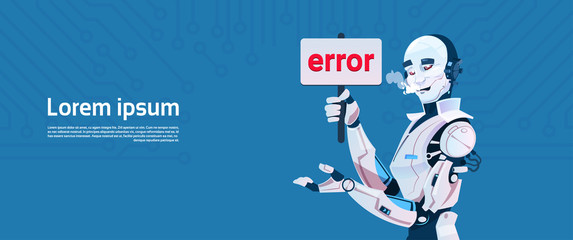 Poster - modern robot show error message, futuristic artificial intelligence mechanism technology flat vector