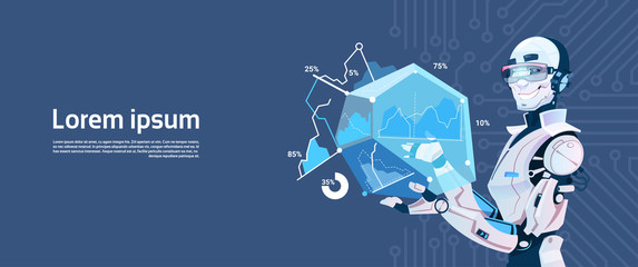 Poster - Modern Robot Hold Loading Graphic Diagram, Futuristic Artificial Intelligence Mechanism Technology Flat Vector Illustration
