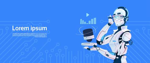 Poster - Modern Robot Listen Music Radio, Futuristic Artificial Intelligence Mechanism Technology Flat Vector Illustration