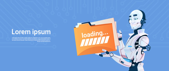 Poster - modern robot hold loading file folder, futuristic artificial intelligence mechanism technology flat 