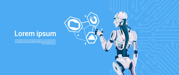 Poster - modern robot using digital touchscreen monitor, futuristic artificial intelligence mechanism technol