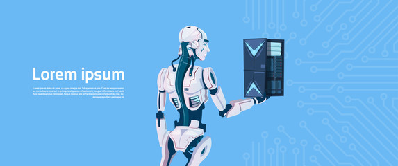 Poster - Modern Robot Hold Cloud Database Server, Futuristic Artificial Intelligence Mechanism Technology Flat Vector Illustration