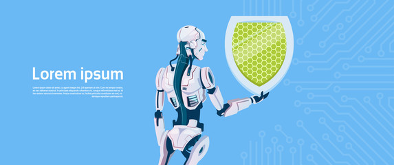 Fototapete - Modern Robot Hold Shield Data Protection Concept, Futuristic Artificial Intelligence Mechanism Technology Flat Vector Illustration