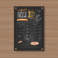 Wall Mural - Light Beer Menu Design For Restaurant Cafe Pub Chalked On Wooden Textured Background Vector Illustration