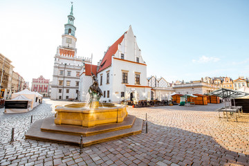 Wall Mural - View on the Market square with Mars fountain and city hall during the morning light in Poznan in Poland